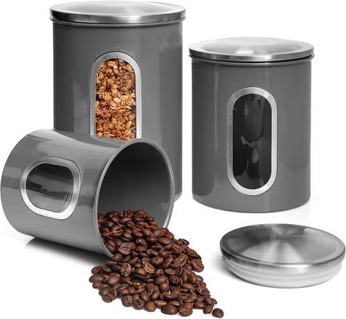 Vista 8 de Moss & Stone Juego de recipientes de 3 piezas beige para la cocina, juego de recipientes herméticos con ventana transparente, tarros