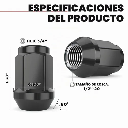 Vista 2 de White Knight 1/2"-20 Tuercas de llanta de bellota de pieza sólida (SIN tapa) para ruedas selectas del mercado de repuestos y de fábrica, fáciles