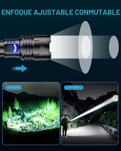 Vista 5 de Linterna de 2000 lúmenes de alta luminosidad con lente de encendido, linterna LED recargable superbrillante con zoom, 5 modos, impermeable, linterna