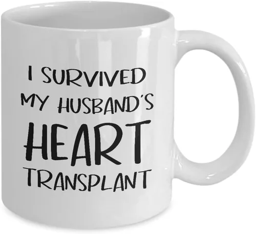 Vista 2 de Taza de café con texto en inglés "I Survived My Husbands" - Taza de té de 11 oz - Novedad - Operación de trasplante de corazón Cirugía