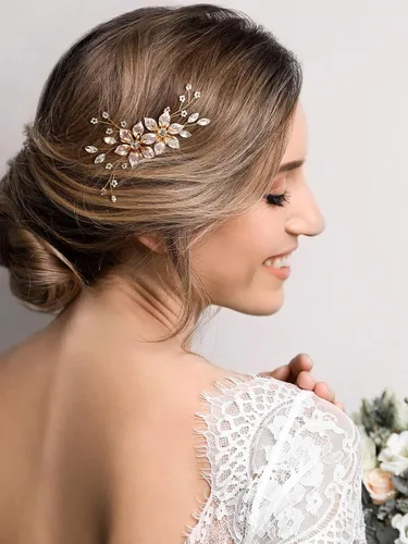 Vista 3 de SWEETV Peine de pelo de novia dorado, hecho a mano, pinza para el pelo de boda, accesorios para el cabello para mujer Dorado-b