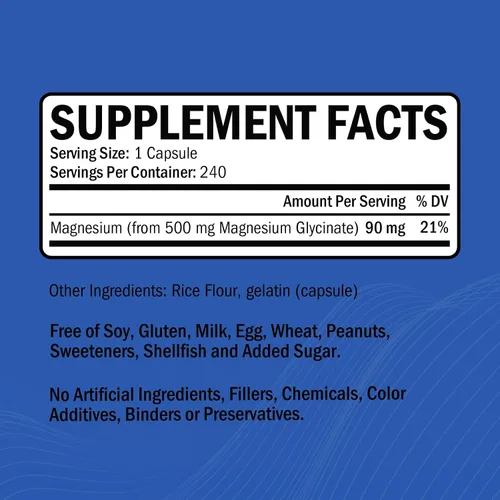 Vista 2 de Glicinato de magnesio – Suplemento de magnesio de alta absorción de 500 mg por porción para aliviar el estrés, el sueño, la salud del corazón