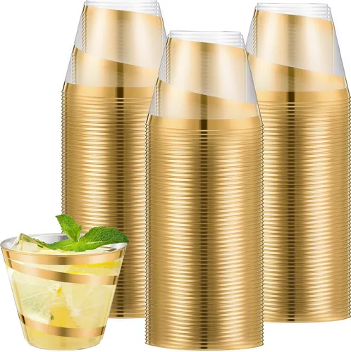 Vista 12 de Gejoy Vasos de plástico con borde de 9 onzas, vasos desechables para beber vino, vasos de graduación transparentes y elegantes para suministros