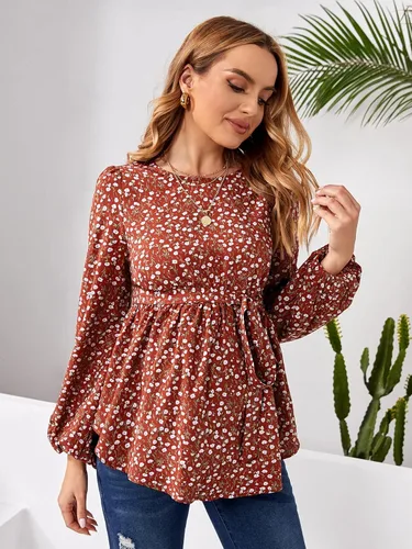Vista 3 de MakeMeChic Camisa de maternidad para mujer, diseño floral, manga larga, con cinturón, peplum