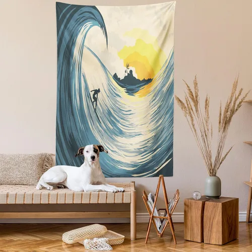 Vista 2 de Ambesonne Tapiz oceánico, ilustración de cielo nublado, isla tropical ola y surfista al atardecer paisaje marino, colgante de pared para dormitorio