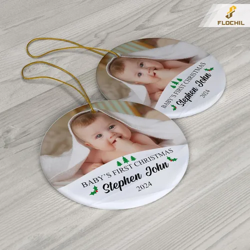 Vista 2 de FLOCHIL Adorno personalizado para la primera Navidad del bebé con nombre de foto, adorno personalizado para la primera Navidad, regalos para bebés