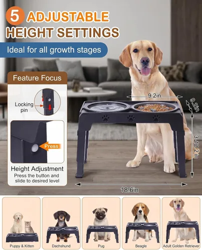 Vista 2 de LALOBLUE Cuencos elevados para perros, cuencos elevados de alimentación lenta para perros con tazón de agua antiderrames, el soporte para cuenco