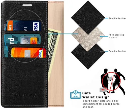 Vista 2 de Belemay Funda compatible con iPhone 14, funda tipo cartera de piel auténtica, tarjetero con bloqueo RFID, carcasa de poliuretano termoplástico a