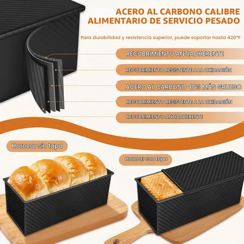 Vista 5 de Paquete de 2 moldes para pan con tapas – Capacidad de masa de 2.2 libras y 1 libra, moldes para pan de acero al carbono antiadherentes para pan