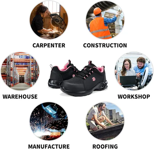 Vista 7 de Delobi Zapatos de punta de acero para mujer, zapatos de trabajo de seguridad, antideslizantes, cómodos, ligeros, con amortiguación de aire, zapatos