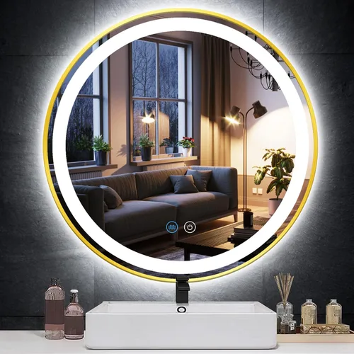 Vista 9 de Espejo de tocador redondo dorado con luces, luz frontal regulable de 3 colores, marco dorado de 16 pulgadas, espejo redondo iluminado para baño