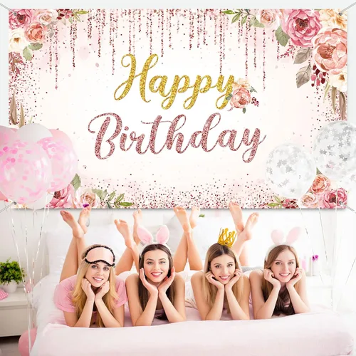 Vista 6 de Decoraciones de fondo de feliz cumpleaños para mujeres, suministros de fiesta, telón de fondo rosa, fotografía para niñas y niños, pancarta floral