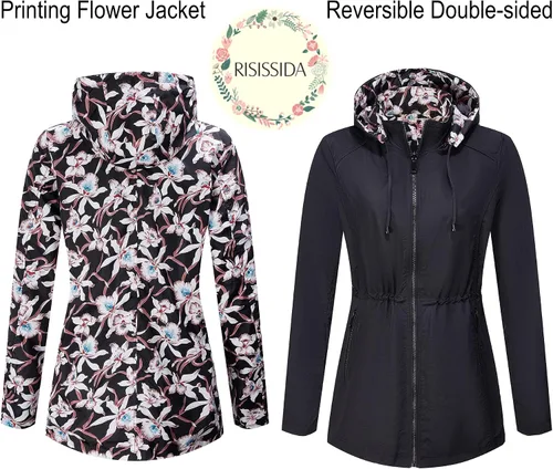 Vista 2 de RISISSIDA Women Casual Reversible Floral Print Jacket Hooded Spring Fall Fashion, Lightweight Waterproof Thin Transition Coat