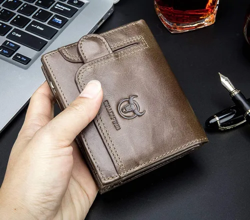 Vista 6 de BULLCAPTAIN Billetera con bloqueo RFID para hombre, de cuero, estilo vintage, plegable, con cremallera, Marrón, Cartera Rfid