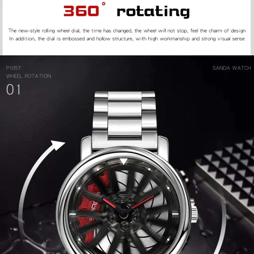 Vista 2 de GORBEN Reloj de pulsera para hombre creativo 3D con rueda de automóvil, reloj giratorio de cuarzo a la moda, reloj de pulsera elegante con correa