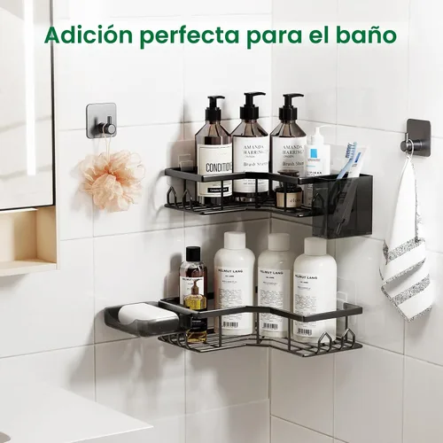 Vista 7 de Organizador de ducha adhesivo, paquete de 2 organizadores de baño esquineros, estantes de ducha de acero inoxidable a prueba de óxido con gran