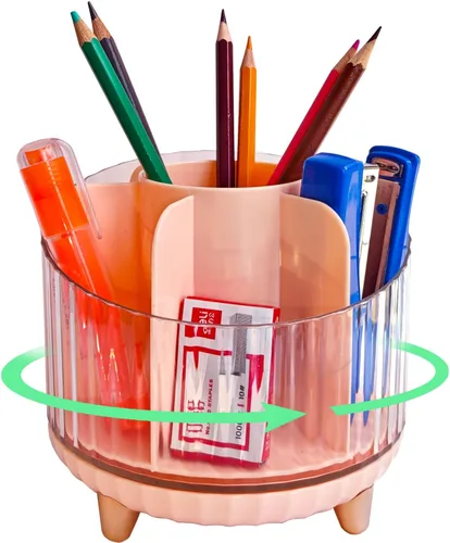 Vista 8 de Soporte giratorio para lápices, organizador de escritorio con diseño de múltiples compartimentos, solución de almacenamiento elegante y funcional