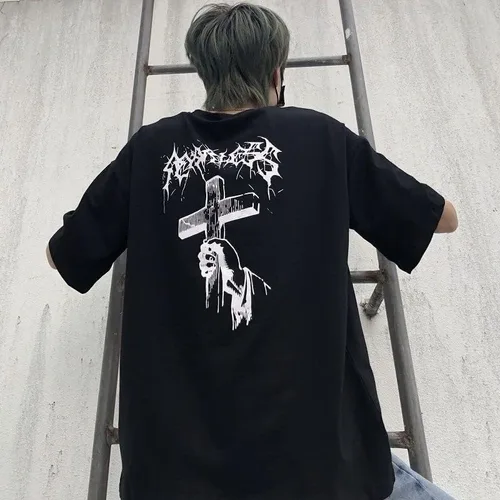 Vista 2 de CYee Y2K - Camiseta punk de manga corta de gran tamaño para hombre, hip-hop, crucifijo impreso, sudadera Harajuku Streetwear