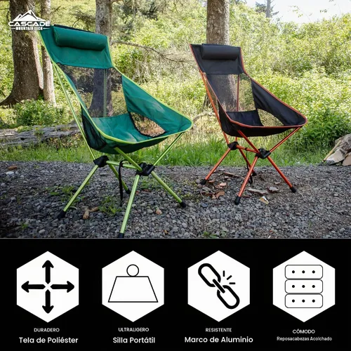 Vista 3 de Cascade Mountain Tech Silla de campamento ligera con respaldo alto al aire libre con reposacabezas y estuche de transporte - Negro