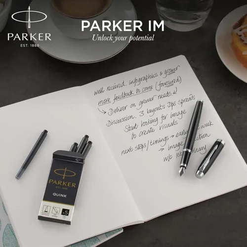 Vista 6 de Parker IM Duo Set de regalo con bolígrafo y estilográfica, negro brillante con detalles cromado, recarga y cartucho de tinta azul, caja de regalo