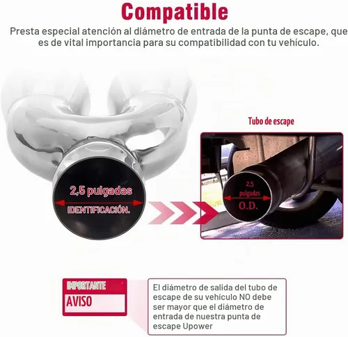 Vista 3 de Upower punta de escape doble de 2.5" a 3" con entrada de 2 1/2 pulgadas, salida de 3 pulgadas, 9.5" de largo, tubo de escape soldado con puntas