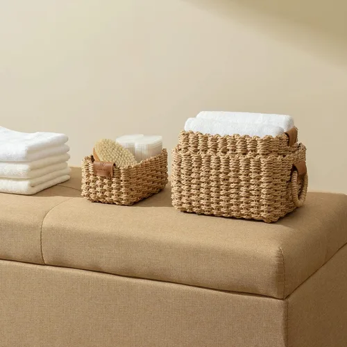 Vista 4 de LA JOLIE MUSE Pequeñas cestas de mimbre para organizar, contenedores de almacenamiento de cuerda de papel reciclado para estantes, armarios de baño