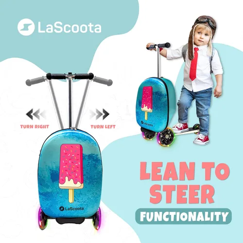 Vista 3 de Lascoota Maleta de scooter, equipaje plegable para niños, equipaje ligero para niños con ruedas, luces LED, maleta gráfica, maleta para niños
