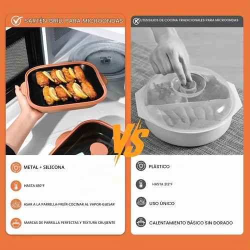 Vista 3 de Sartén Parrilla para Microondas con Tapa - Cocinador de Tocino, Crispador y Hacedor de Queso a la Parrilla, Utensilios de Cocina para Microondas