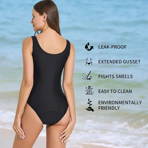 Vista 3 de feitycom Traje de baño menstrual negro de una pieza a prueba de fugas para adolescentes, niñas y mujeres