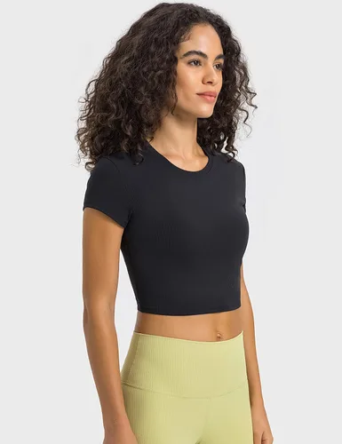 Vista 4 de ZHENWEI Camisetas de entrenamiento de manga corta para mujer, camisetas deportivas acanaladas con cuello redondo, camisetas atléticas para gimnasio