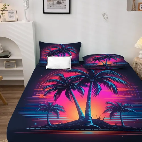Vista 2 de Juego de sábanas de 3 piezas con diseño de palmera de neón con plantas tropicales, sábanas y fundas de almohada estampadas, sábana bajera ajustable