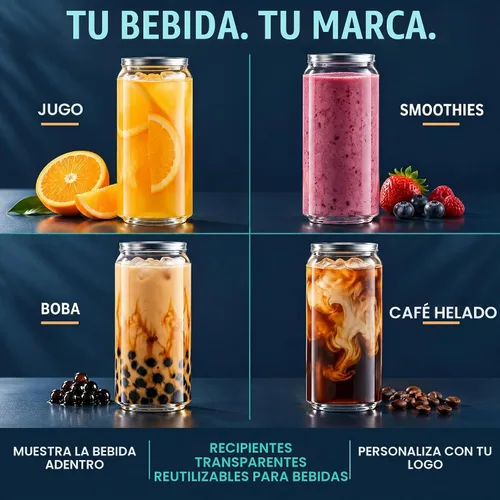 Vista 7 de Hammont - 100 unidades de botellas de jugo de plástico con tapas – Tazas sellables para batidos, Boba y café helado – Recipientes de bebidas