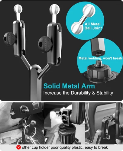 Vista 6 de Soporte para tablet de automóvil, soporte doble resistente para tableta para camión, [brazo de aluminio doble] Portavasos ajustable compatible