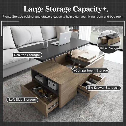 Vista 6 de Guyii - Mesa auxiliar elevable con 4 taburetes y ruedas, mesa central 3 en 1 con almacenamiento, mesa auxiliar marrón convertida en mesa de comedor