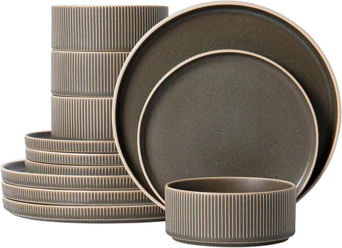 Vista 11 de Stoneware Dinnerware Sets for 4, 12Pcs Plates and Bowls Set, Cream White