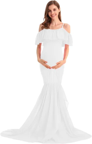 Vista 38 de MYRISAM Vestido de maternidad con volantes y hombros descubiertos para mujer, vestido de fiesta de sirena de gasa, vestido ajustado