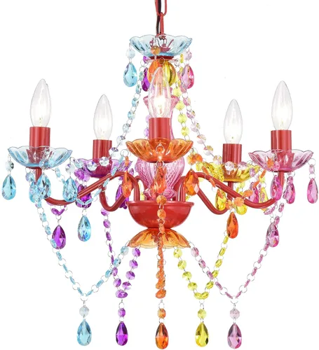 Vista 10 de Lámpara pequeña rosa y blanca para dormitorio de niñas, lámpara de techo moderna de cristal acrílico de 5 luces, mini candelabro para habitación