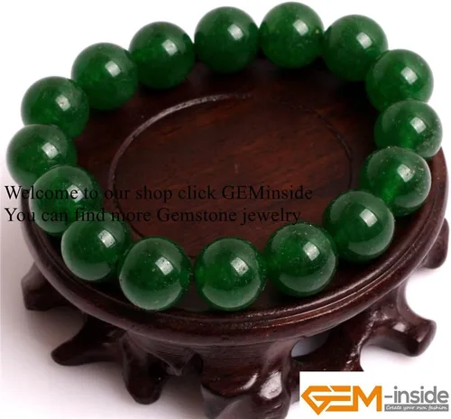 Vista 3 de GEM-Inside - Pulsera de jade verde con cuentas de 0.472 in, hilo elástico, joyería de moda, cuentas sueltas para mujer, 7.5 pulgadas