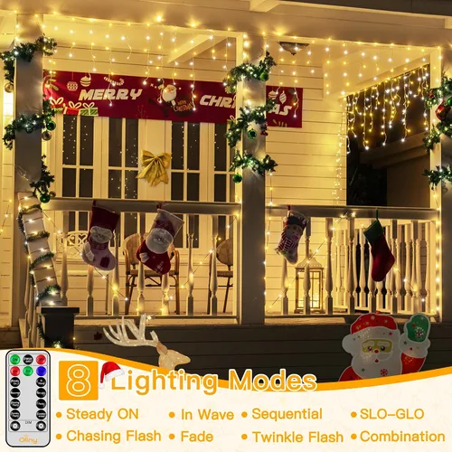 Vista 3 de Ollny Luces de carámbano de 504 LED/41 pies, blancas cálidas y frías, con control remoto, 8 modos, temporizadores, impermeables, colgantes