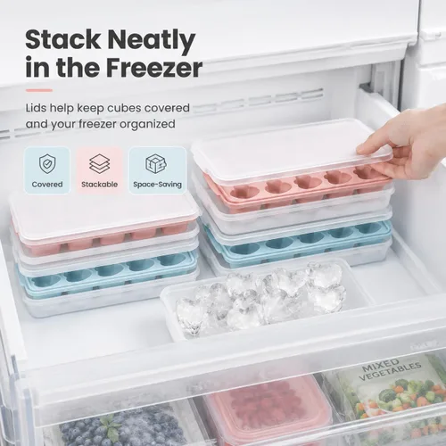 Vista 4 de 2 paquetes de bandejas para cubitos de hielo en forma de corazón con tapas y compartimentos, moldes de hielo con caja de almacenamiento de hielo, 48