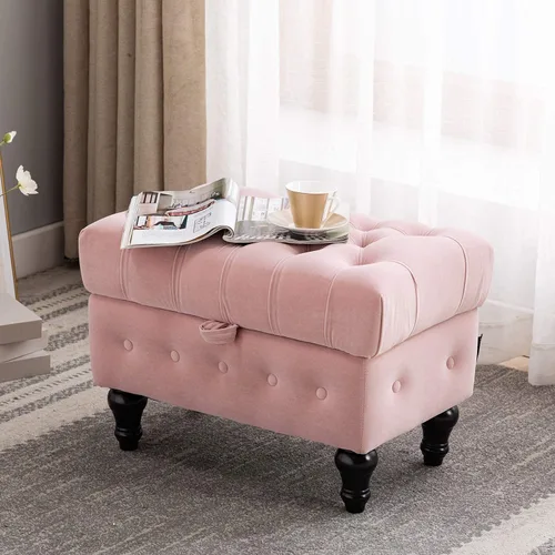 Vista 14 de Mesa de Centro Otomana de Almacenamiento Rectangular, Reposapiés Otomana de Dormitorio con Tapicería de Terciopelo Abotonado Capitoné para Sala