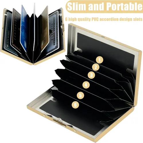 Vista 63 de BONSYL® Soporte para tarjetas de crédito, cartera delgada de metal con bloqueo RFID, con 6 ranuras para tarjetas, para mujeres y hombres.