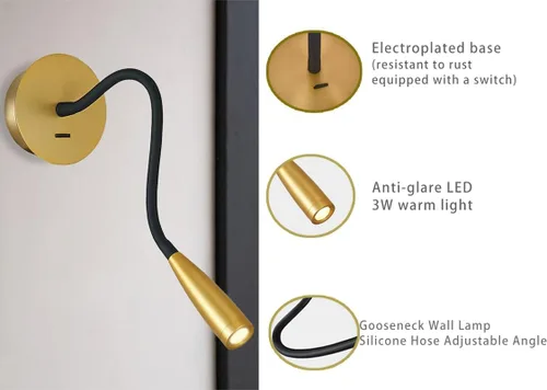 Vista 3 de Manguera de cuello de cisne flexible LED para pared, luz de lectura enfocada para dormitorio, lámpara de pared ajustable para cabecero de noche