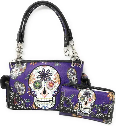 Vista 8 de Texas West Bolso de mano Flora Candy Skull para mujer y cartera a juego en 3 colores Negro
