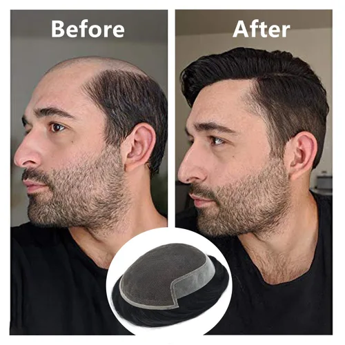 Vista 8 de Tupé para hombre con encaje suizo para hombre, sistema de reemplazo de cabello humano real, extensiones de nudo blanqueado para prótesis de cabello