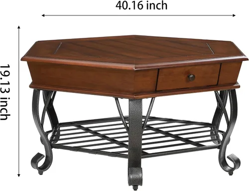 Vista 2 de Mesa de centro de madera hexagonal retro con parte superior de madera, mesa de centro de mediados de siglo de 2 niveles con cajón y patas de metal
