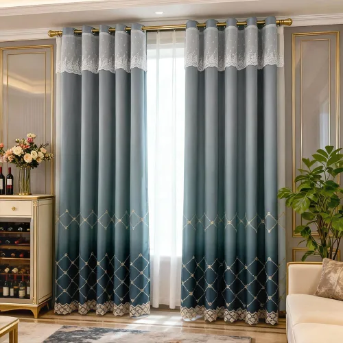 Vista 4 de Amidoudou 1 par de cortinas geométricas de doble capa para sala de estar, cortinas bordadas con patrón de diamante degradado para dormitorio