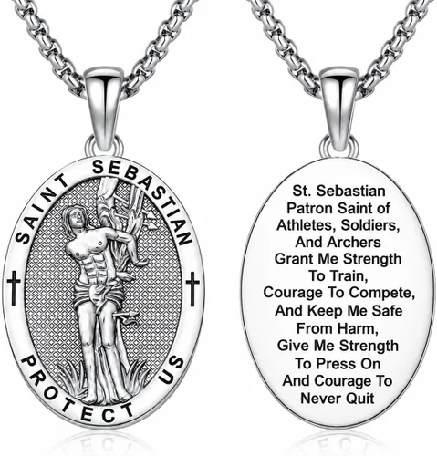 Vista 30 de Collar con colgante de amuleto de medalla de San de plata 10A-St Michael Oval