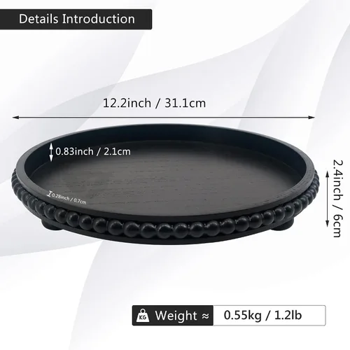 Vista 2 de FramePro Bandeja Decorativa Redonda de 12 pulgadas con Cuentas de Madera - Elevadores de Bandeja de Servir Negros para Sala de Estar, Mesa de Café