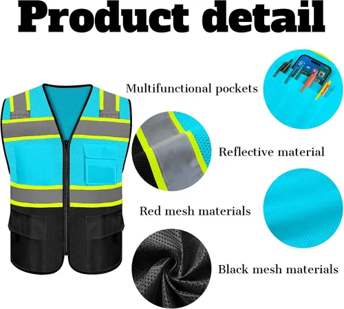 Vista 2 de Chaleco de seguridad reflectante de alta visibilidad con 5 bolsillos y cremallera clase 2 para adultos, unisex, ropa de trabajo de seguridad